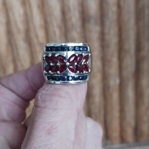 Solid,thick,925 silver, band,ring with,garnet and spinel,stones.